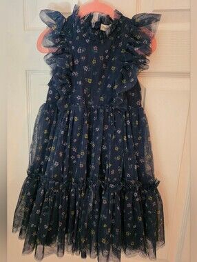 Girls' Navy Floral Ruffle Dress